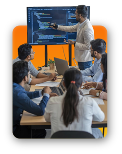 Team collaborating on computer