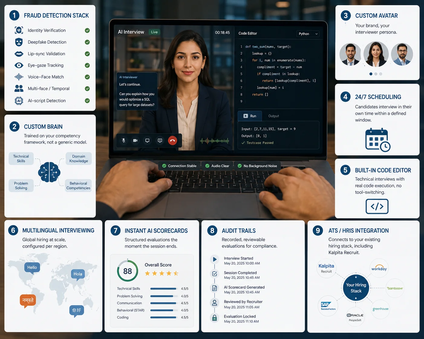 Nine hiring-stack capabilities running in a single browser session