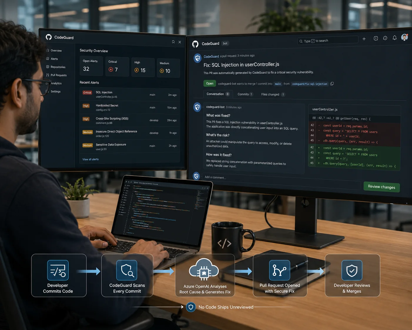Kalpita CodeGuard remediating a commit from inside the developer workflow