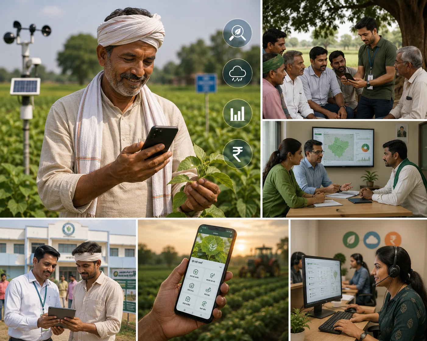 Farmers and extension officers using Kalpita KrishiAI across a growing district