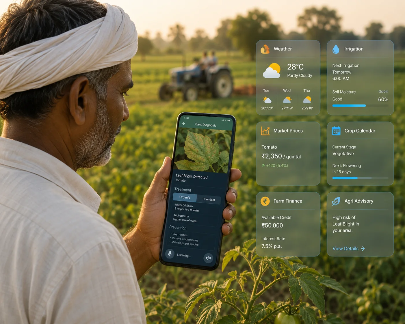 A farmer running crop diagnosis on the handset, offline in the field