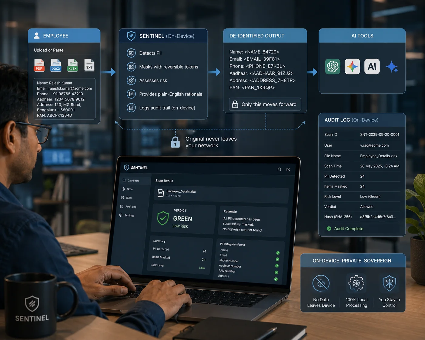 Kalpita Sentinel sitting between an employee and any external AI tool