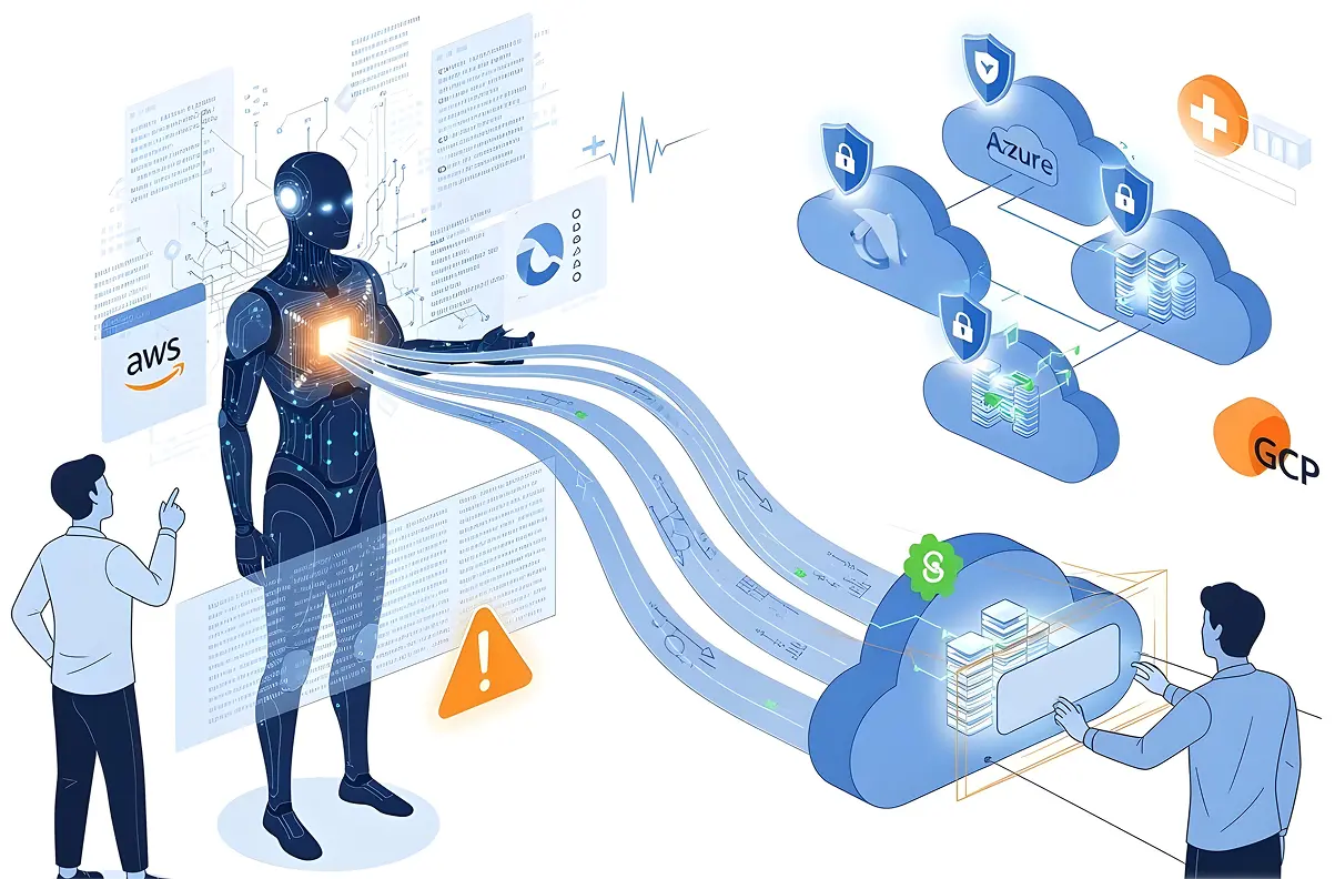 Diagram showing AI orchestrating data flows between AWS, Azure, and GCP with security and compliance checks.